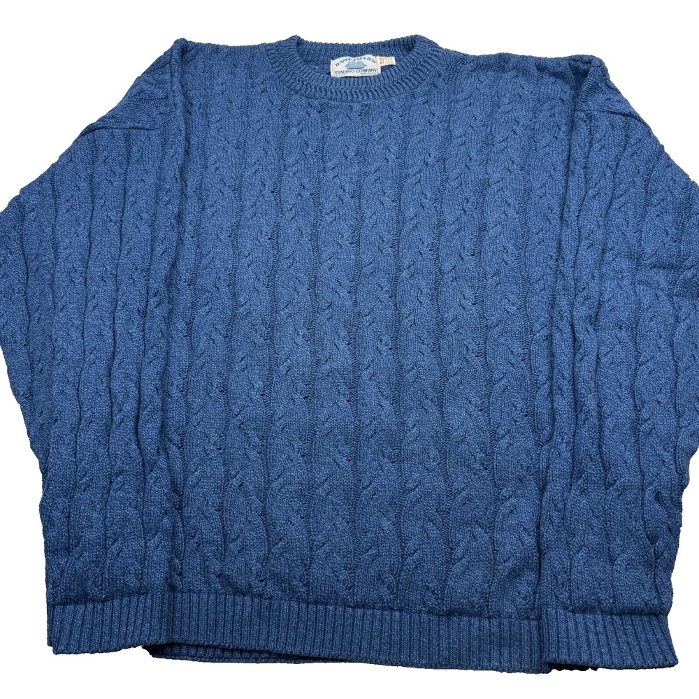 VTG 90's Hampton Bay Sweater Men's 2XL Blue Cotton‎ Heavy Cable Knit Made in USA